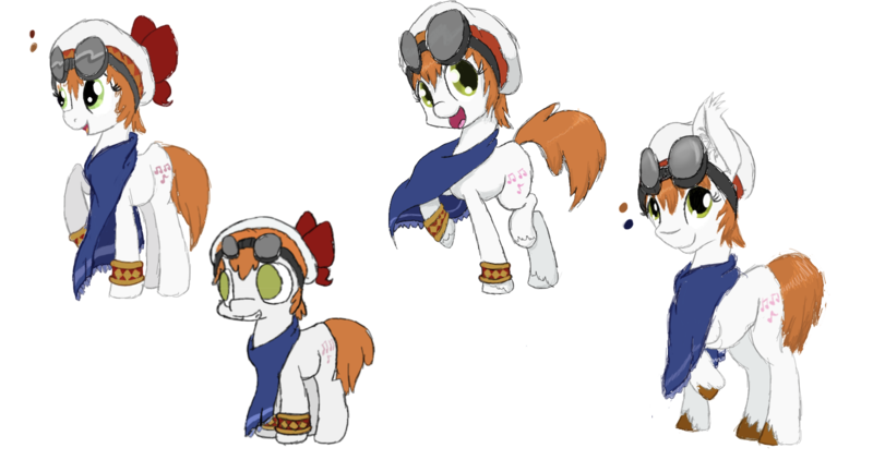 Size: 1366x720 | Tagged: safe, artist:gummythemlpalligator, derpibooru import, ponified, earth pony, pony, bow, bracelet, cornet, female, goggles, hat, mare, music notes, rhapsody: a musical adventure, unshorn fetlocks