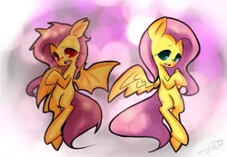 Size: 1091x753 | Tagged: safe, artist:lessue, derpibooru import, fluttershy, bat pony, pony, duality, flutterbat, pixiv, race swap, solo