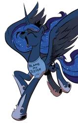 Size: 3165x5000 | Tagged: safe, artist:amorecadenza, artist:andypriceart, derpibooru import, princess luna, alicorn, pony, blame my sister, clothes, cute, eyes closed, female, happy, laughing, lunabetes, magic shirt, mare, open mouth, simple background, solo, transparent background, vector