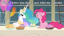Size: 960x540 | Tagged: safe, derpibooru import, edit, edited screencap, screencap, pinkie pie, princess celestia, alicorn, earth pony, pony, a bird in the hoof, bitch, cake, cup, cupcake, eating, female, food, image macro, lidded eyes, mare, messy eating, open mouth, pie, puffy cheeks, sandwich, sitting, smiling, table, teacup, this will end in banishment, this will end in tears and/or a journey to the moon, vulgar