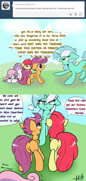 Size: 1280x2679 | Tagged: apple bloom, artist:lightningnickel, ask, cutie mark crusaders, lyra heartstrings, professor lyra, safe, scootaloo, sweetie belle, tumblr