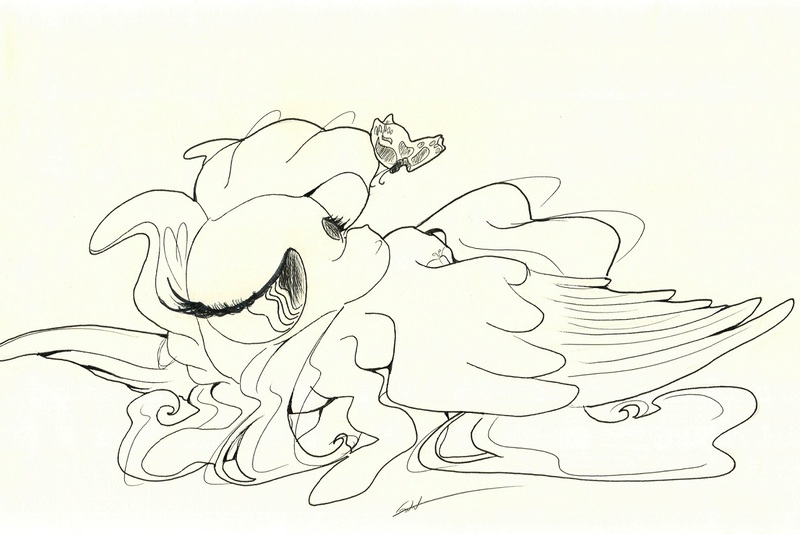 Size: 1229x820 | Tagged: safe, artist:getchanoodlewet, derpibooru import, fluttershy, butterfly, monochrome, solo, traditional art