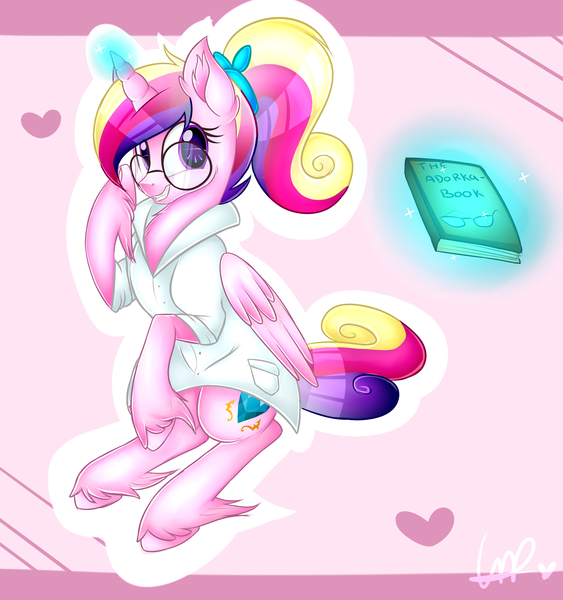 Size: 3000x3200 | Tagged: safe, artist:shyshyoctavia, derpibooru import, princess cadance, alicorn, pony, adorkable, book, clothes, coat, cute, cutedance, dork, female, glasses, grin, heart, looking at you, magic, sitting, smiling, solo, unshorn fetlocks