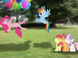 Size: 2592x1944 | Tagged: apple bloom, artist:redpandapony, artist:stabzor, artist:tokkazutara1164, artist:yanoda, balloon, cutie mark crusaders, derpibooru import, irl, park, photo, pinkie pie, ponies in real life, rainbow dash, safe, scootaloo, shadow, sweetie belle, tree, vector