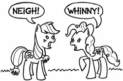 Size: 707x470 | Tagged: safe, artist:samueleallen, derpibooru import, applejack, pinkie pie, earth pony, pony, female, horse noises, horses doing horse things, lineart, mare, monochrome, neigh, open mouth, raised hoof, simple background, speech bubble, whinny, white background, wide eyes
