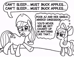 Size: 680x527 | Tagged: apple bloom, applebuck season, applejack, artist:samueleallen, derpibooru import, hypocrisy, hypocritical humor, ironic, irony, monochrome, safe