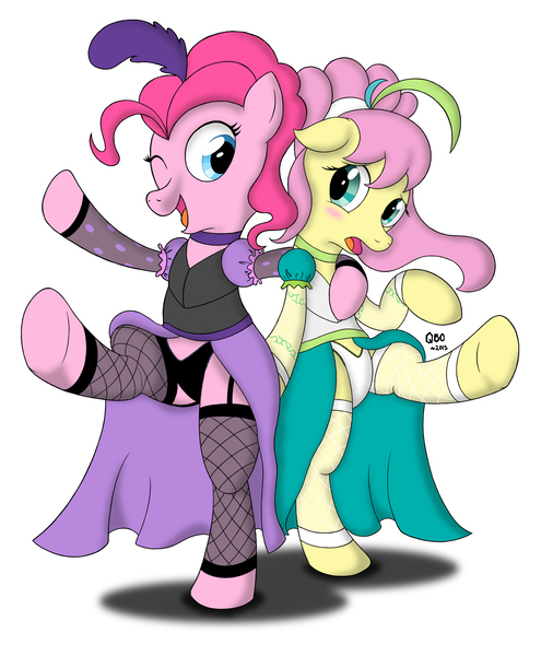 Size: 2947x3493 | Tagged: artist:cubonator, blushing, burlesque, clothes, derpibooru import, dress, female, fishnets, flutterpie, fluttershy, frilly underwear, lesbian, panties, pinkie pie, saloon dress, saloon pinkie, skirt, suggestive, underwear, upskirt, white underwear