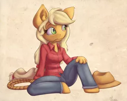 Size: 2000x1600 | Tagged: anthro, applejack, artist:alasou, clothes, derpibooru import, mouth hold, pants, safe, sitting, solo, straw, unguligrade anthro