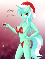 Size: 1366x1801 | Tagged: anthro, artist:kasaler, belly button, bikini, breasts, busty lyra heartstrings, clothes, derpibooru import, female, hat, lyra heartstrings, nail polish, new years eve, santa hat, solo, solo female, suggestive, swimsuit, wine glass