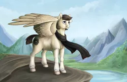 Size: 1265x821 | Tagged: safe, artist:170th, derpibooru import, oc, oc:greasette cogwheel, unofficial characters only, pegasus, pony, bulky, clothes, scarf, scenery, short hair, solo