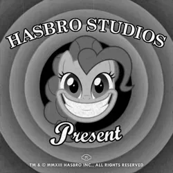 Size: 900x900 | Tagged: black and white, derpibooru import, face, film grain, grayscale, looney tunes, monochrome, old, old timey, opening, pinkie pie, retro, safe, smile hd, smiling, solo, title card, vintage