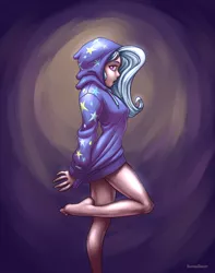 Size: 786x1000 | Tagged: artist:romanrazor, balancing, barefoot, bottomless, breasts, clothes, derpibooru import, feet, female, hoodie, human, humanized, light skin, looking at you, no underwear, :o, open mouth, solo, solo female, suggestive, trixie