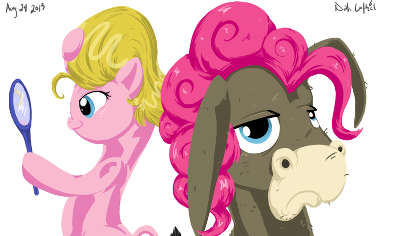 Size: 1080x648 | Tagged: safe, artist:beefcrow, derpibooru import, cranky doodle donkey, pinkie pie, donkey, earth pony, pony, alternate hairstyle, duo, simple background, white background