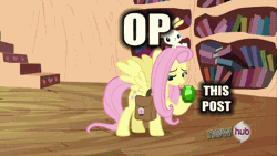 Size: 600x338 | Tagged: angel bunny, animated, book, derpibooru import, drama, fluttershy, gem, golden oaks library, hubble, hub logo, just for sidekicks, lol, measuring cup, metaphor gif, op, op is fluttershy, owlowiscious, reaction image, saddle bag, safe, spike, stairs, symbolism, text, the hub