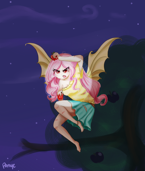 Size: 1275x1500 | Tagged: safe, artist:cosmicponye, derpibooru import, fluttershy, bat pony, human, vampire, anklet, apple, barefoot, clothes, fangs, feet, flutterbat, flying, humanized, light skin, night, open mouth, pink hair, race swap, red eyes, ripping clothes, scratches, skirt, solo, spotlight, sweater, winged humanization