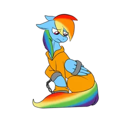 Size: 1024x1024 | Tagged: artist:dj-xol, bound wings, clothes, derpibooru import, prisoner rd, prison outfit, rainbow dash, sad, safe, shackles, solo
