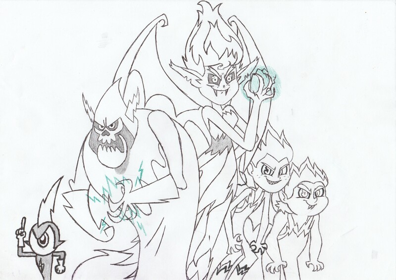 Size: 3476x2460 | Tagged: safe, artist:blackrobtheruthless, derpibooru import, snails, snips, sunset shimmer, demon, equestria girls, commander peepers, crossover, demons, lord hater, sketch, sunset satan, traditional art, wander over yonder