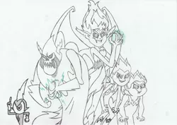 Size: 3476x2460 | Tagged: safe, artist:blackrobtheruthless, derpibooru import, snails, snips, sunset shimmer, demon, equestria girls, commander peepers, crossover, demons, lord hater, sketch, sunset satan, traditional art, wander over yonder