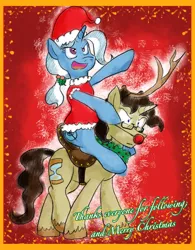 Size: 1250x1600 | Tagged: artist:phillipfga, artist:showtimewithwhooves, christmas, clothes, costume, derpibooru import, doctor whooves, ponies riding ponies, reindeer, safe, time turner, trixie, tumblr