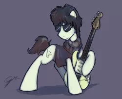 Size: 1280x1041 | Tagged: safe, artist:fartha, derpibooru import, classic rock ponies, clothes, guitar, jeff beck, musical instrument, rock, scarf, solo, sunglasses, vest