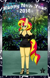 Size: 1600x2493 | Tagged: 2014, anthro, artist:sonork91, breasts, busty sunset shimmer, cleavage, clothes, dress, evening gloves, feet, female, fireworks, high heels, plantigrade anthro, sandals, solo, solo female, suggestive, sunset shimmer, toes