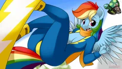 Size: 1280x720 | Tagged: anthro, artist:kloudmutt, board, breasts, busty rainbow dash, clothes, derpibooru import, female, open clothes, rainbow dash, scarf, sky, snowboard, solo, solo female, suggestive, tank, turtle, unzipped, wallpaper, wallpaper for the fearless, wings, wonderbolts uniform