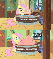 Size: 715x804 | Tagged: a bird in the hoof, bath, culture shock, derpibooru import, edit, edited screencap, fluttershy, image macro, inflation, philomena, safe, screencap, spongebob squarepants