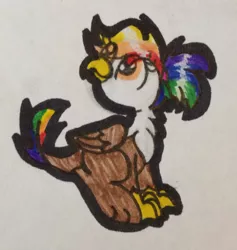 Size: 1491x1571 | Tagged: safe, artist:colorfulwonders, derpibooru import, oc, oc:rainbow feather, unofficial characters only, gryphon, hybrid, interspecies offspring, looking up, magical lesbian spawn, offspring, parent:gilda, parent:rainbow dash, parents:gildash, sitting, smiling, solo, traditional art