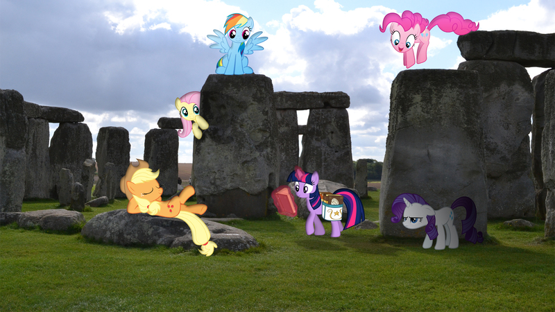 Size: 1920x1080 | Tagged: applejack, artist:mr-kennedy92, book, derpibooru import, fluttershy, irl, magic, mane six, on back, photo, pinkie pie, ponies in real life, rainbow dash, rarity, saddle bag, safe, shadow, sitting, stonehenge, twilight sparkle, vector