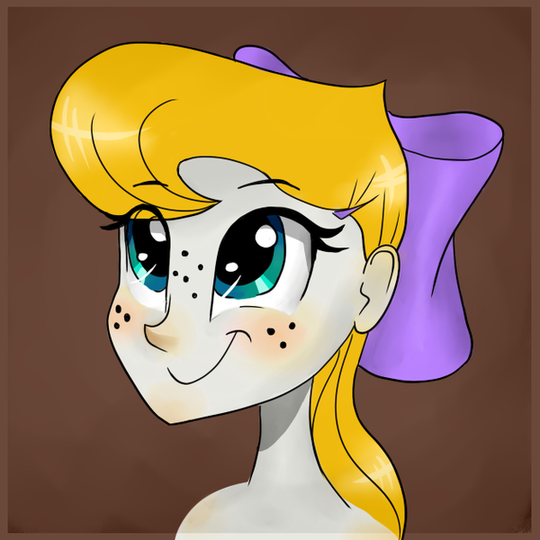 Size: 630x630 | Tagged: safe, artist:sigmanas, derpibooru import, oc, unofficial characters only, equestria girls, bow, bust, caramel splash, female, freckles, humanized, portrait, pug nose, smiling, solo, square