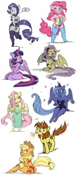 Size: 750x1688 | Tagged: suggestive, artist:mayocat, derpibooru import, applejack, fluttershy, pinkie pie, princess luna, rarity, twilight sparkle, twilight sparkle (alicorn), oc, anthro, bat pony, plantigrade anthro, unicorn, :p, :t, ass, barefoot, blushing, bra, breasts, clothes, corset, cute, fangs, feet, floppy ears, flutterbat, frown, grin, looking back, mouth hold, nightgown, panties, pictogram, race swap, s1 luna, see-through, smiling, sparklers, stockings, tongue out, underwear