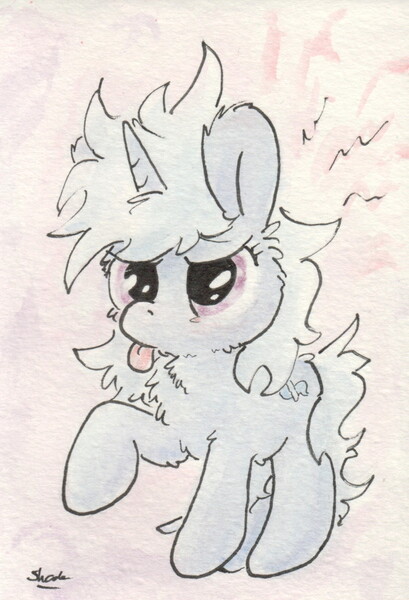 Size: 676x991 | Tagged: safe, artist:slightlyshade, derpibooru import, trixie, pony, unicorn, female, fluffy, mare, messy mane, solo, tongue out, traditional art