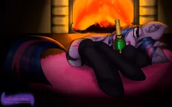 Size: 1608x1000 | Tagged: suggestive, artist:gamermac, derpibooru import, twilight sparkle, twilight sparkle (alicorn), alicorn, pony, bottle, champagne, clothes, female, fire, mare, panties, side, solo, solo female, stockings, underwear