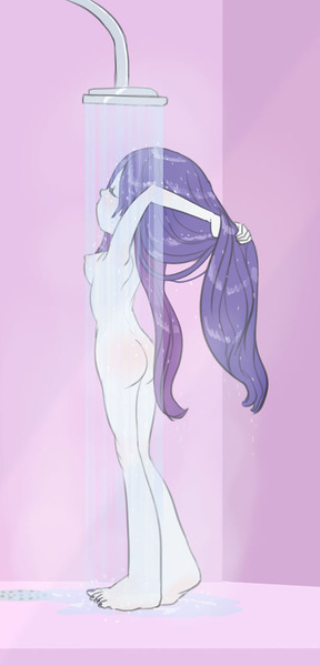 Size: 540x1125 | Tagged: questionable, artist:carnifex, derpibooru import, rarity, equestria girls, ass, breasts, female, impossibly large feet, nail polish, nipples, nudity, shower, solo, solo female