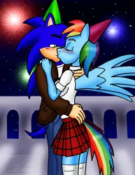 Size: 1268x1645 | Tagged: anthro, artist:sonigoku, balcony, blushing, clothes, commission, crossover, crossover shipping, derpibooru import, female, fireworks, happy new year, hedgehog, interspecies, jacket, jeans, kissing, love, male, new years eve, night, pegasus, rainbow dash, safe, schoolgirl, shipping, skirt, sonicdash, sonic the hedgehog, sonic the hedgehog (series), straight