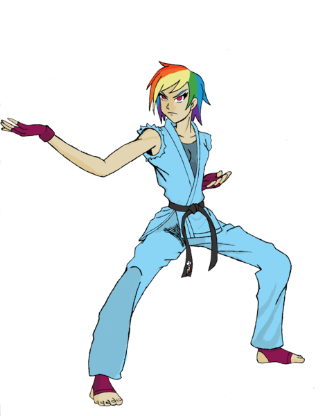 Size: 4830x6175 | Tagged: absurd resolution, artist:theblackemperor, black belt, clothes, feet, fingerless gloves, foot pad, gi, gloves, human, humanized, karate, light skin, martial arts, rainbow dash, robe, safe, serious, serious face, solo, toenails, toes, tomboy, trousers