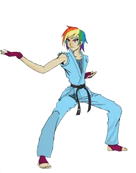 Size: 4830x6175 | Tagged: absurd resolution, artist:theblackemperor, black belt, clothes, feet, fingerless gloves, foot pad, gi, gloves, human, humanized, karate, light skin, martial arts, rainbow dash, robe, safe, serious, serious face, solo, toenails, toes, tomboy, trousers