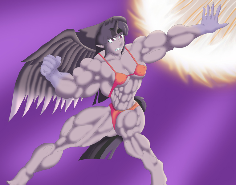 Size: 7271x5697 | Tagged: absurd resolution, artist:advanceddefense, artist:thevoidslayer, bra, breasts, clothes, derpibooru import, elf ears, female, fetish, horned humanization, human, humanized, meteor, muscle fetish, muscles, overdeveloped muscles, panties, solo, solo female, suggestive, tailed humanization, twilight muscle, twilight sparkle, twilight sparkle (alicorn), twilight unbound, underboob, underwear, werelight shine, winged humanization