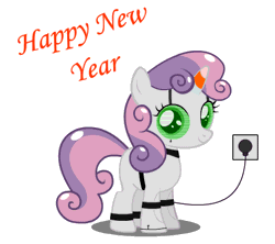 Size: 450x400 | Tagged: safe, artist:agrol, derpibooru import, sweetie belle, pony, robot, unicorn, animated, female, filly, foal, gif, happy new year, hooves, horn, recharging, simple background, smiling, solo, sweetie bot, text, white background