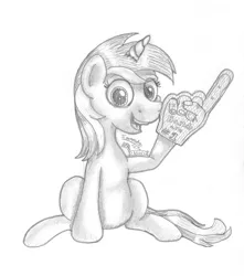 Size: 1740x1964 | Tagged: safe, artist:inurantchan, derpibooru import, lyra heartstrings, pony, unicorn, foam finger, grayscale, hand, monochrome, simple background, sitting, smiling, solo, that pony sure does love hands, traditional art, white background