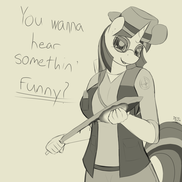 Size: 1000x1000 | Tagged: anthro, artist:devs-iratvs, blood, breasts, christian brutal sniper, derpibooru import, dialogue, female, glasses, grayscale, monochrome, safe, sniper, solo, team fortress 2, twilight sparkle, weapon