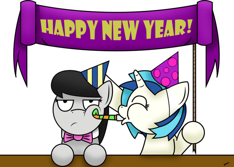 Size: 2833x2025 | Tagged: safe, artist:bobthedalek, derpibooru import, octavia melody, vinyl scratch, earth pony, pony, unicorn, annoyed, banner, duo, female, happy new year, hat, octavia is not amused, party, party hat, party horn, rope, unamused