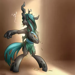 Size: 1600x1600 | Tagged: anthro, artist:conicer, chips, dancing, derpibooru import, eating, hooves, nachos, queen chrysalis, safe, salsa, solo, unguligrade anthro