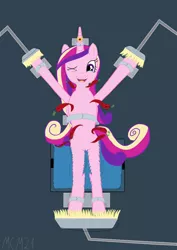 Size: 2893x4092 | Tagged: artist:mcm21, belly button, bondage, bondage furniture, crying, feather, female, fluffy, front hoof tickling, hoof tickling, horn ring, laughing, magic suppression, navel play, open mouth, princess cadance, smiling, solo, solo female, suggestive, tickle roller, tickle torture, tickling, wink