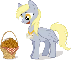 Size: 393x331 | Tagged: safe, artist:gingerfoxy, derpibooru import, derpy hooves, pegasus, pony, female, mare, muffin, name tag, solo