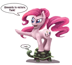 Size: 550x500 | Tagged: safe, artist:gingerfoxy, derpibooru import, pinkie pie, tank, earth pony, pony, tortoise, duo, female, mare, ponies riding turtles, raised hoof, riding, simple background, speech bubble, transparent background