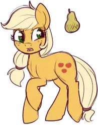 Size: 255x327 | Tagged: applejack, artist:lulubell, derpibooru import, disgusted, do not want, open mouth, pear, raised hoof, safe, simple background, solo, suspicious floating fruit, transparent background
