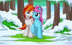 Size: 2560x1600 | Tagged: safe, artist:mysticalpha, derpibooru import, oc, oc:heartfire, oc:tomatobox, unofficial characters only, pegasus, pony, duo, female, hairband, heartfire, looking at each other, male, mare, one eye closed, raised hoof, snow, stallion, standing, tree, winter