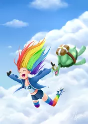 Size: 650x919 | Tagged: safe, artist:valinhya, derpibooru import, rainbow dash, tank, human, clothes, cloud, converse, cute, dashabetes, duo, eyes closed, falling, humanized, light skin, open mouth, parachute, shoes, sky, skydiving