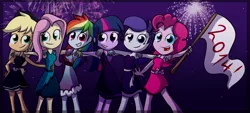 Size: 1400x633 | Tagged: safe, artist:fj-c, derpibooru import, applejack, fluttershy, pinkie pie, rainbow dash, rarity, twilight sparkle, equestria girls, 2014, clothes, dress, gala, humanized, mane six, new year